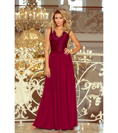  211-2 LEA long dress with lace neckline - Burgundy color 