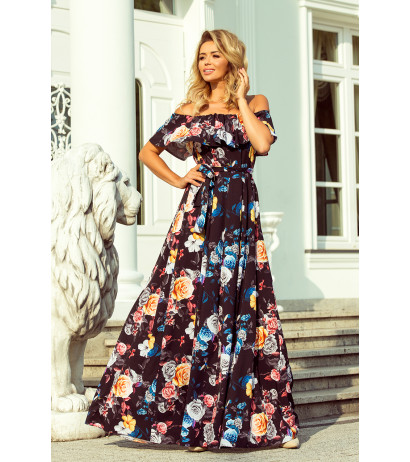  194-3 Long dress with frill - black + colorful flowers 