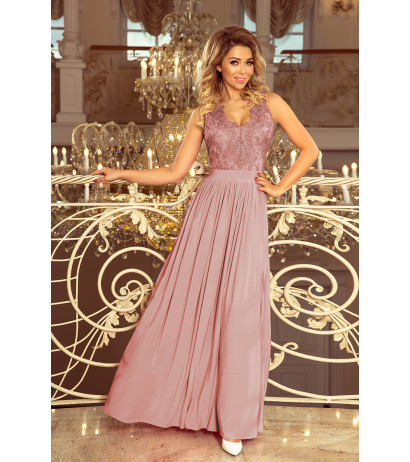  215-5 LEA long sleeveless dress with embroidered cleavage - TAUPE 