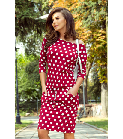 13-111 Sports dress with binding and pockets - burgundy + polka dots 