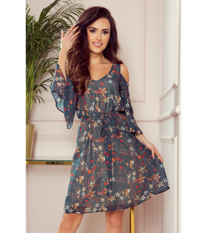  292-2 MARINA flimsy dress with a neckline - green with flowers 