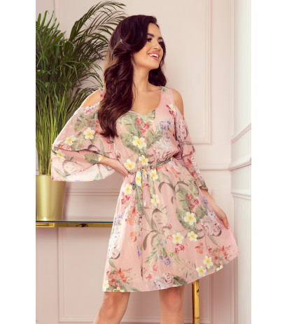  292-1 MARINA flimsy dress with a neckline - pink with flowers 