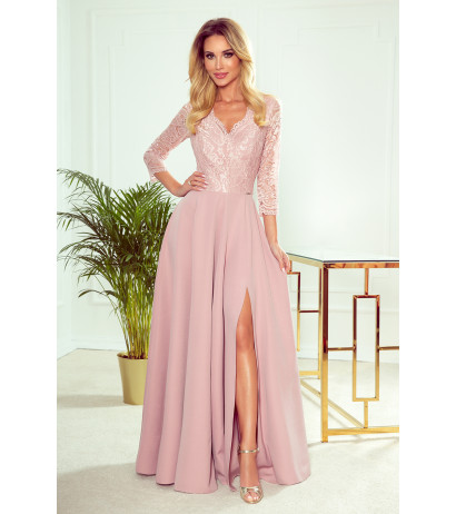  309-4 AMBER elegant lace long dress with a neckline - dirty pink 