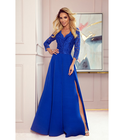  309-2 AMBER elegant lace long dress with a neckline - Royal blue 