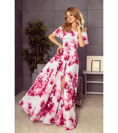  194-2 Long dress with frill - big pink flowers 