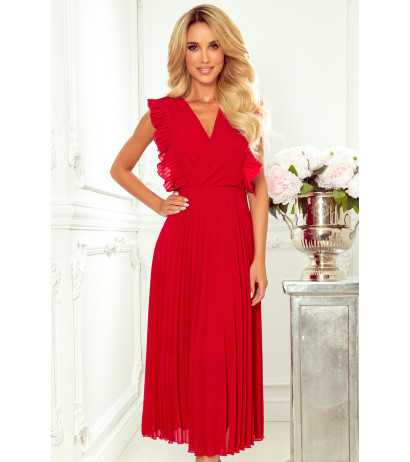  315-3 EMILY Pleated dress with frills and neckline - red 