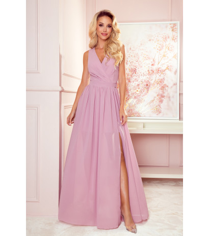  362-3 JUSTINE Long dress with a neckline and a tie - dirty pink 