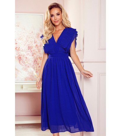  367-2 YANA Midi dress with pleated frills and a neckline - royal blue 