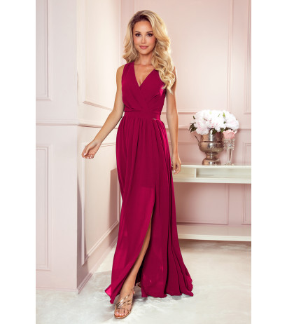  362-5 JUSTINE Long dress with a neckline and a tie - Burgundy color 