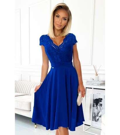 381-3 LINDA - chiffon dress with lace neckline - royal blue 