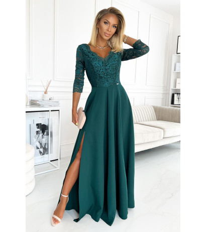  309-5 AMBER elegant lace long dress with a neckline - green 