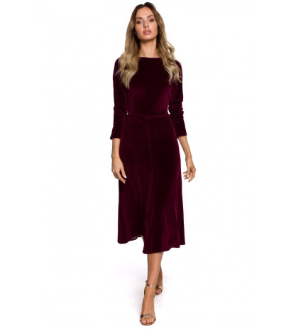 M557 Velvet Midi Dress With Gathered Sleeves - maroon