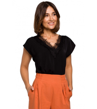 S206 Sleeveless top with lace neckline - black