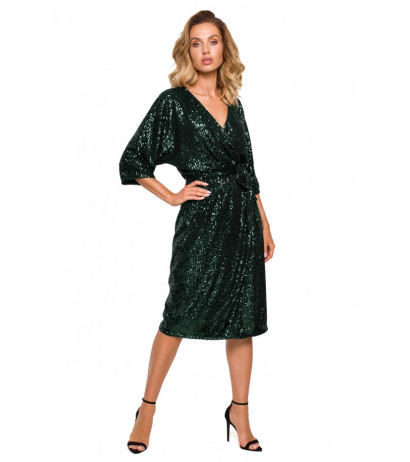 M653 Midi sequin dress with wrap front - bottle green
