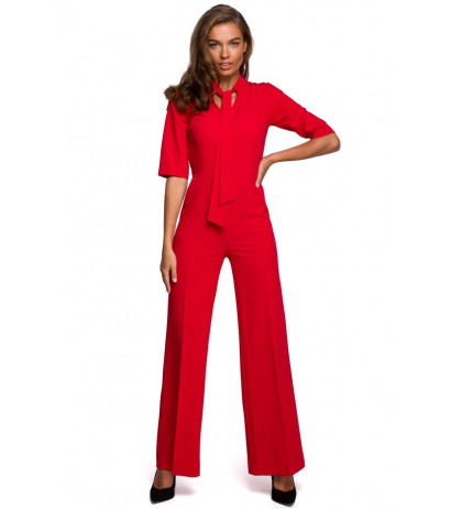 S243 Elegant jumpsuit with a tie neck - red