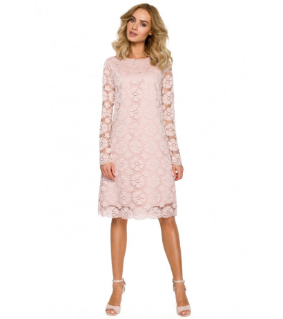 M406 lacy a-line dress with long sleeves - pink