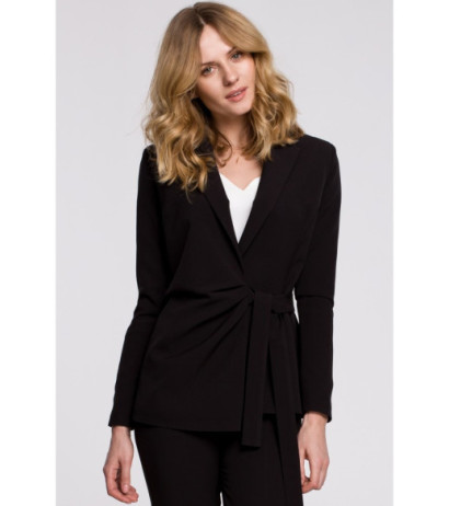 K056 Elegantiškas švarkas su šoniniu raišteliu - juodas