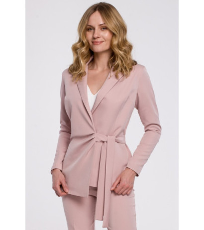 K056 Elegantiškas švarkas su šoniniu raišteliu - purvinai rožinės spalvos