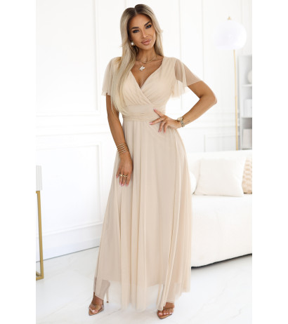  562-6 NASTIA Long dress with a neckline and short sleeves - beige 