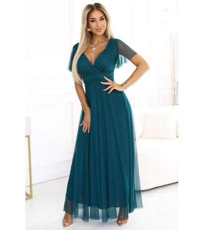  562-4 NASTIA Long dress with a neckline and short sleeves - green 