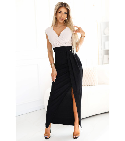  451-3 Shiny dress with short sleeves, neckline and slit on the leg - black and beige with glitter 