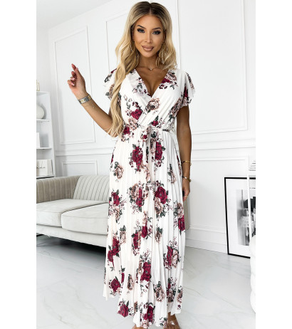  434-8 LISA Pleated midi dress with a neckline and frills - burgundy roses 