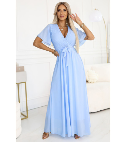  545-2 Long dress with pleated neckline and tie - light blue 