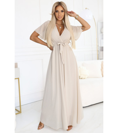  545-3 Long dress with pleated neckline and tie - beige 