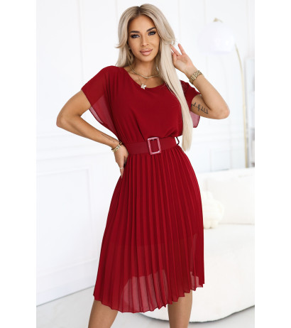  465-5 MIA Pleated Chiffon Midi Dress with Wide Belt - Burgundy 