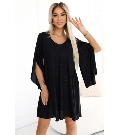  597-1 LIVIA Elegant trapeze dress with butterfly sleeves - black with glitter 
